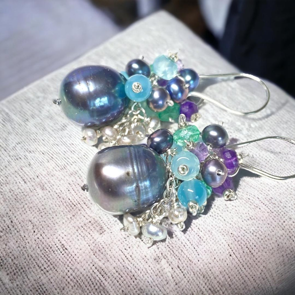 Peacock Pearl, Amethyst, Blue Aqua Chalcedony, Cluster Waterfall Earrings