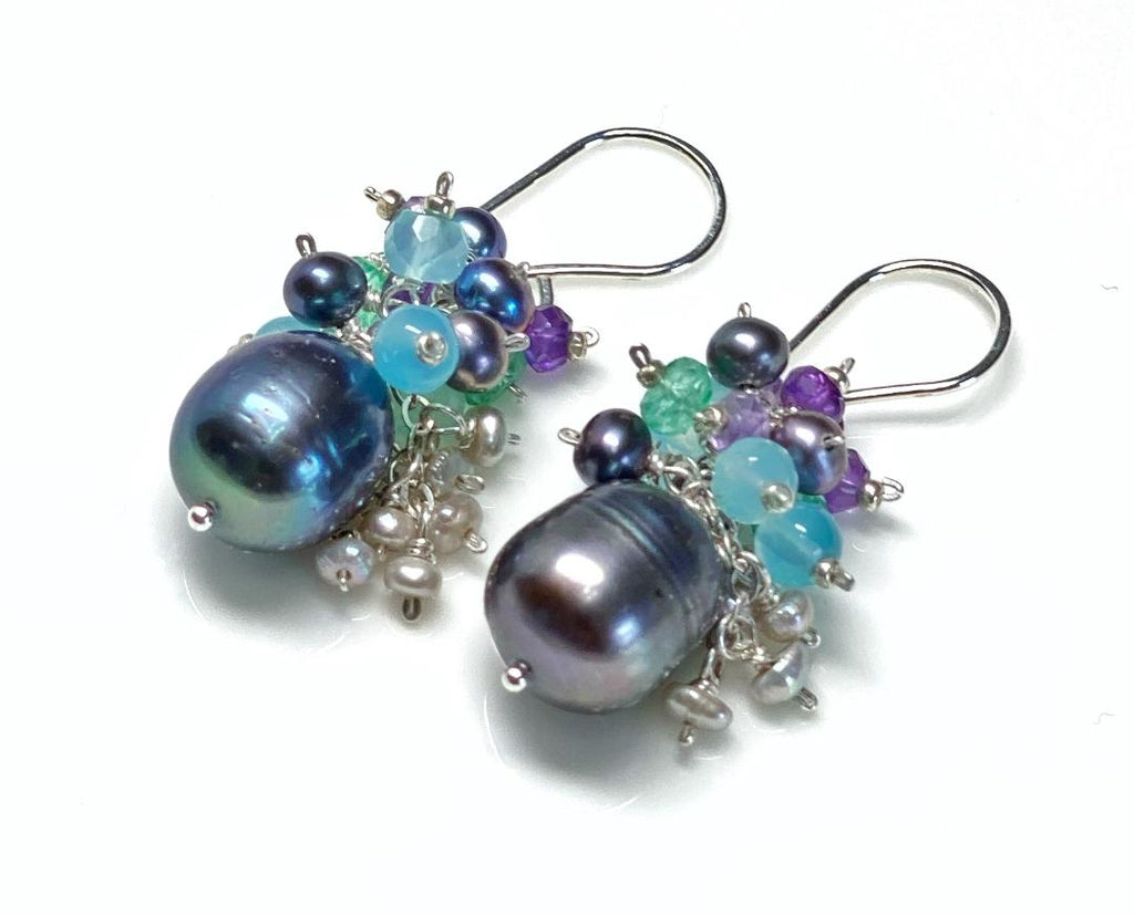 Peacock Pearl, Amethyst, Blue Aqua Chalcedony, Cluster Waterfall Earrings