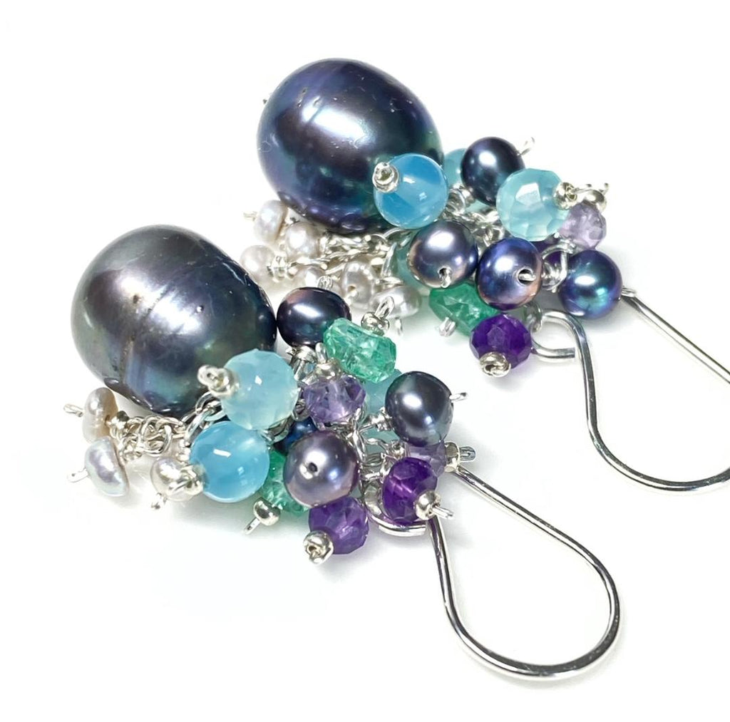 Peacock Pearl, Amethyst, Blue Aqua Chalcedony, Cluster Waterfall Earrings