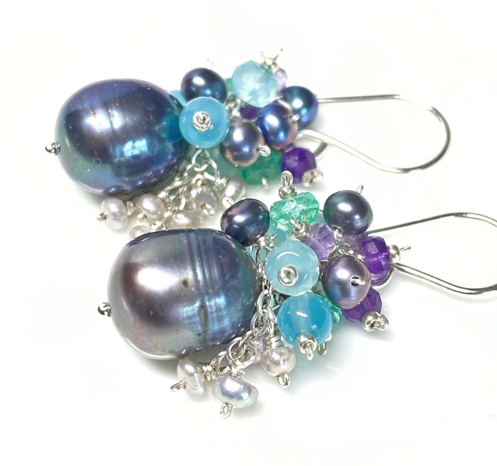 Peacock Pearl, Amethyst, Blue Aqua Chalcedony, Cluster Waterfall Earrings