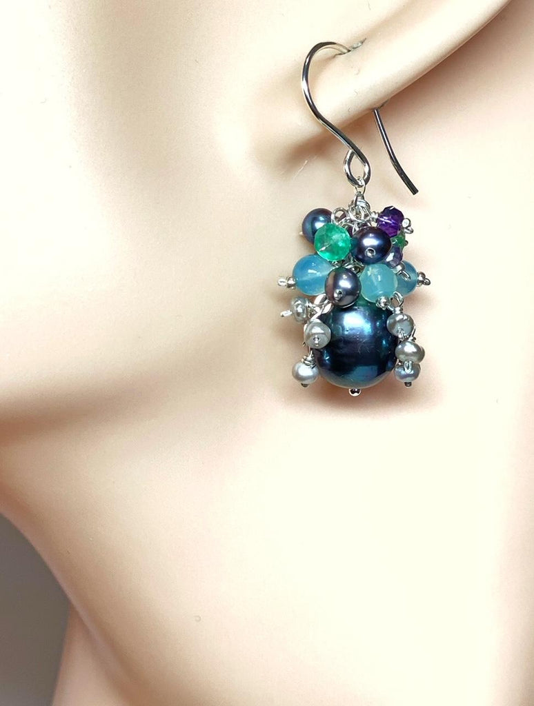 Peacock Pearl, Amethyst, Blue Aqua Chalcedony, Cluster Waterfall Earrings