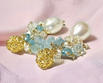 Aquamarine Gemstone Pearl Cluster Earrings Gold Post