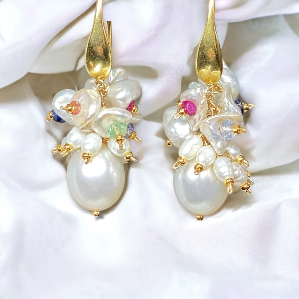 Pearl Cluster Earrings with Multicolor Sapphire Gemstone Keishi Pearls Gold Fill