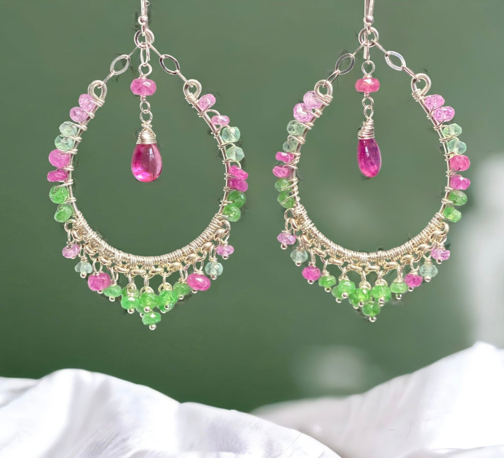 pink sapphire and tsavorite sterling silver chandelier hoop earrings