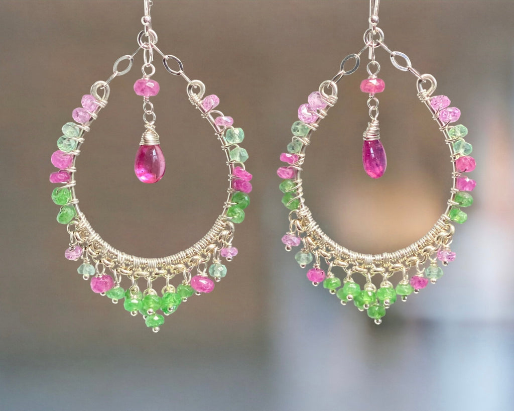 Sterling Silver Pink Sapphire Tsavorite Hoop Earrings