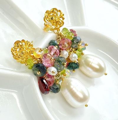 Pearl and Colorful Gemstone Cluster Earrings
