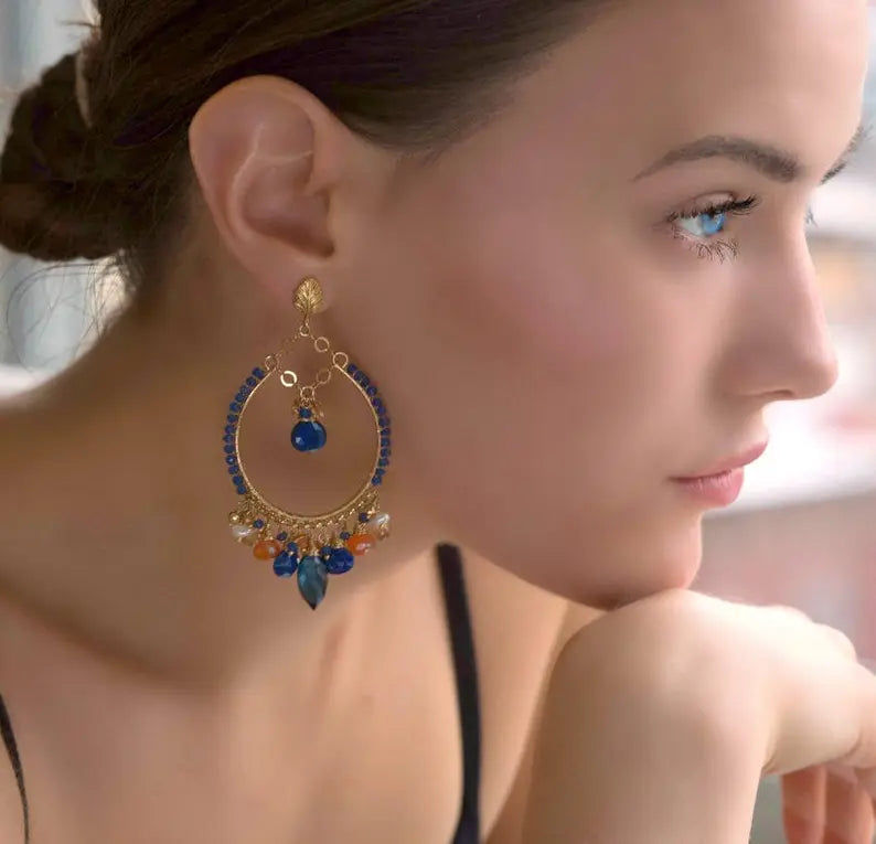 Blue Lapis Gold Fill Hoop Earrings Mystic Carnelian & Fire Opal