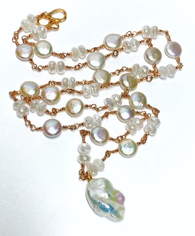 Rose Gold Ivory Baroque Pearl Mystic Moonstone Long Sautoir Rosary Necklace