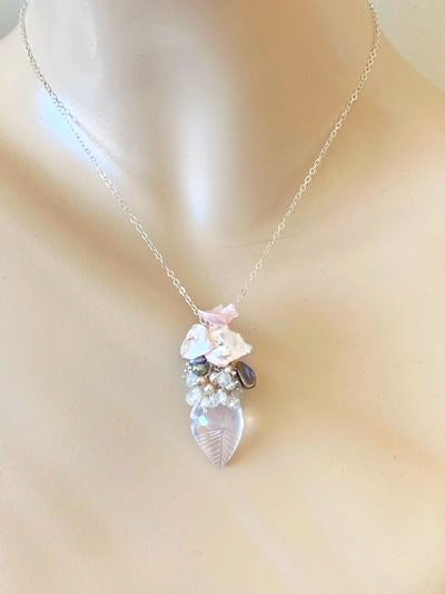 Rose Quartz Carved Leaf Necklace Set Pearl Clusters