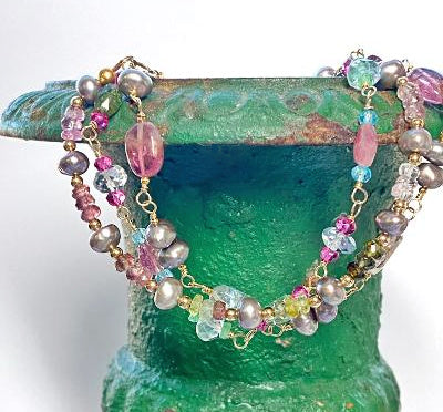 Watermelon Tourmaline Aquamarine Pearl Bracelet Gold