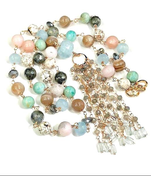 Multi-stone Long Tassel Rose Gold Necklace - doolittlejewelry