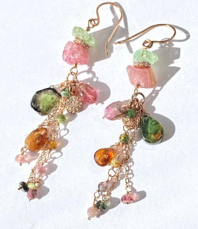 Tourmaline Dangle Earrings Rose Gold Pink Green Watermelon