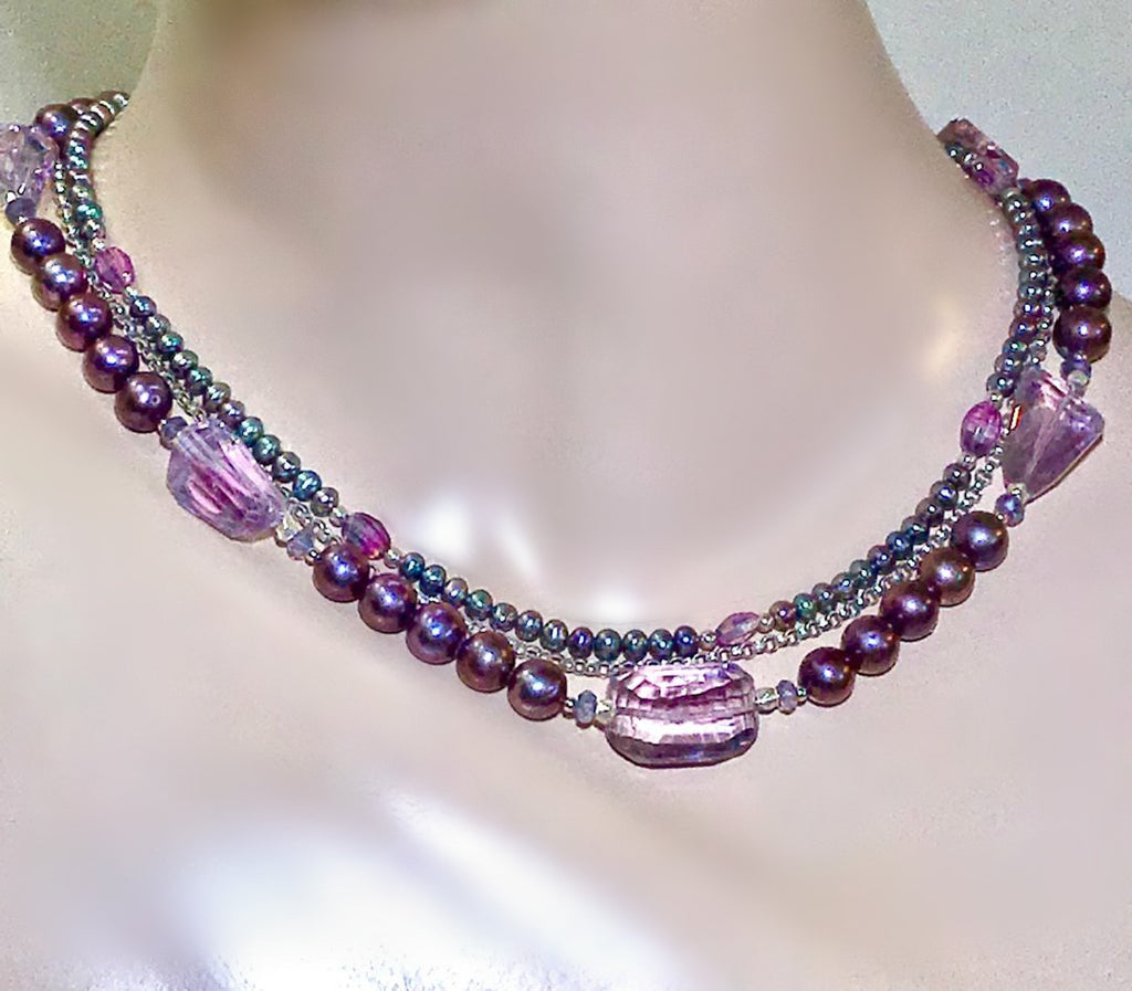 Amethyst and Pearl Multi-Strand Triple Strand Necklace - doolittlejewelry