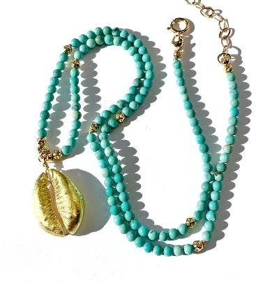 Dainty Turquoise Layering Necklace with Cowry Shell 24 kt Gold