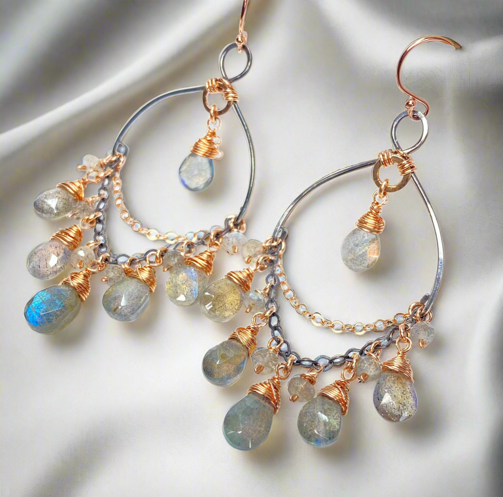 Labradorite Mixed Metal Boho Chandelier Hoop Earrings