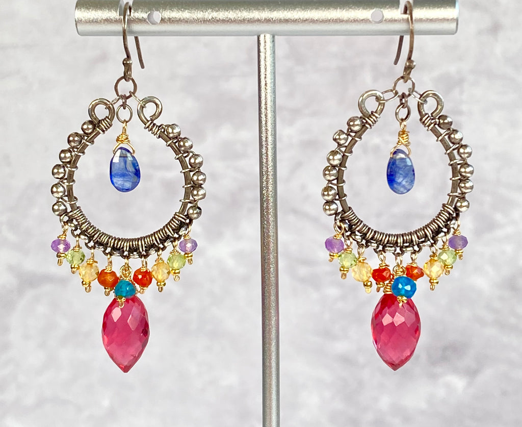 Chandelier Hoop Earrings, Multicolor Gemstone, Oxidized Sterling Silver, Handmade - Doolittle