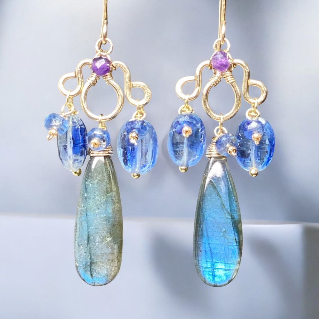 Blue Labradorite Statement Chandelier Earrings in Gold Fill with Kyanite