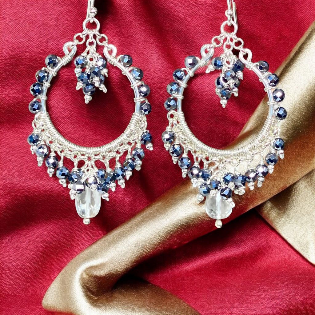 Black Gemstone Chandelier Hoop Earrings Sterling Silver 2
