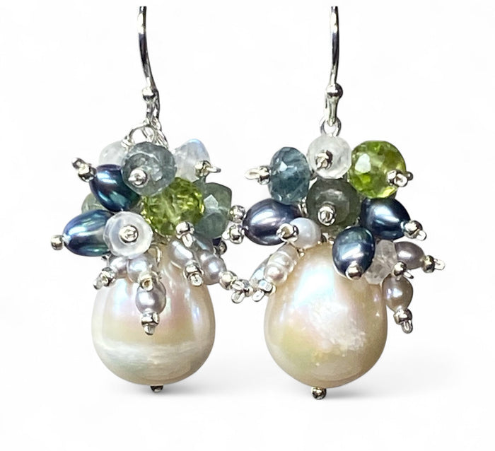 Moss Aquamarine and Pearl Cluster Earrings, Sterling Silver