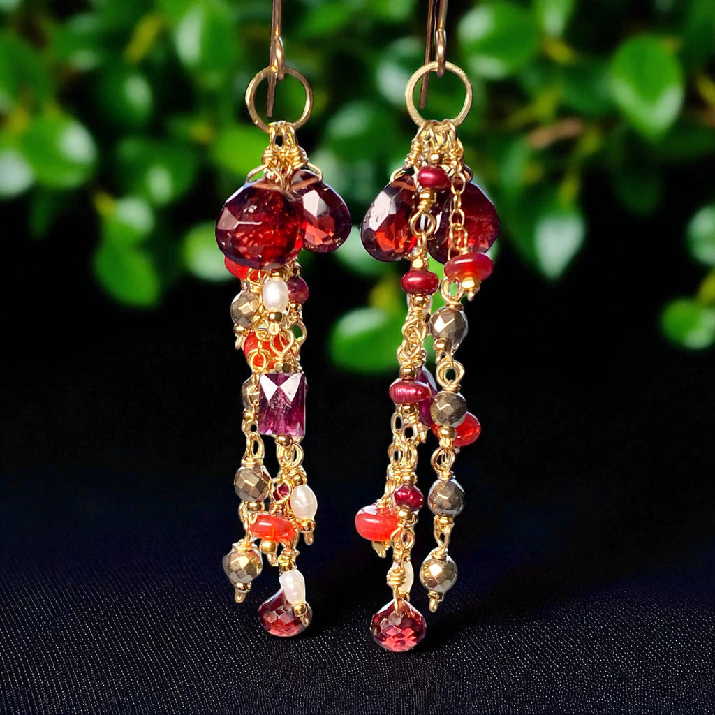 Garnet Dangle Earrings 14 kt Gold Fill with Red Pearls