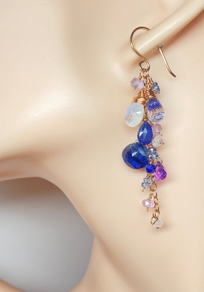 Blue Purple Gemstone Rose Gold Dangle Earrings with Tanzanite