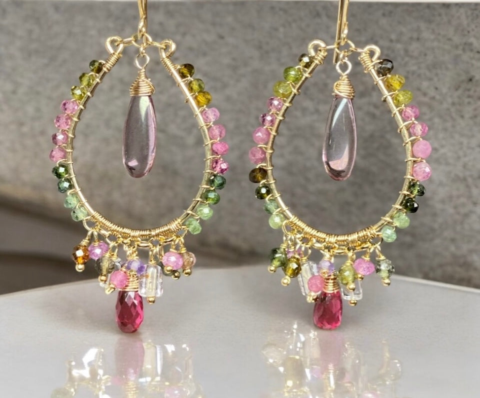 Tourmaline Gemstone Gold Fill Hoop Chandelier Earrings