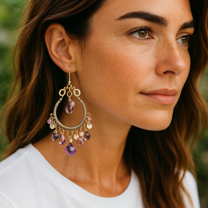 Blue Violet Oxidized Silver Hoop Chandelier Earrings Iolite, Lavender, Purple Amethyst