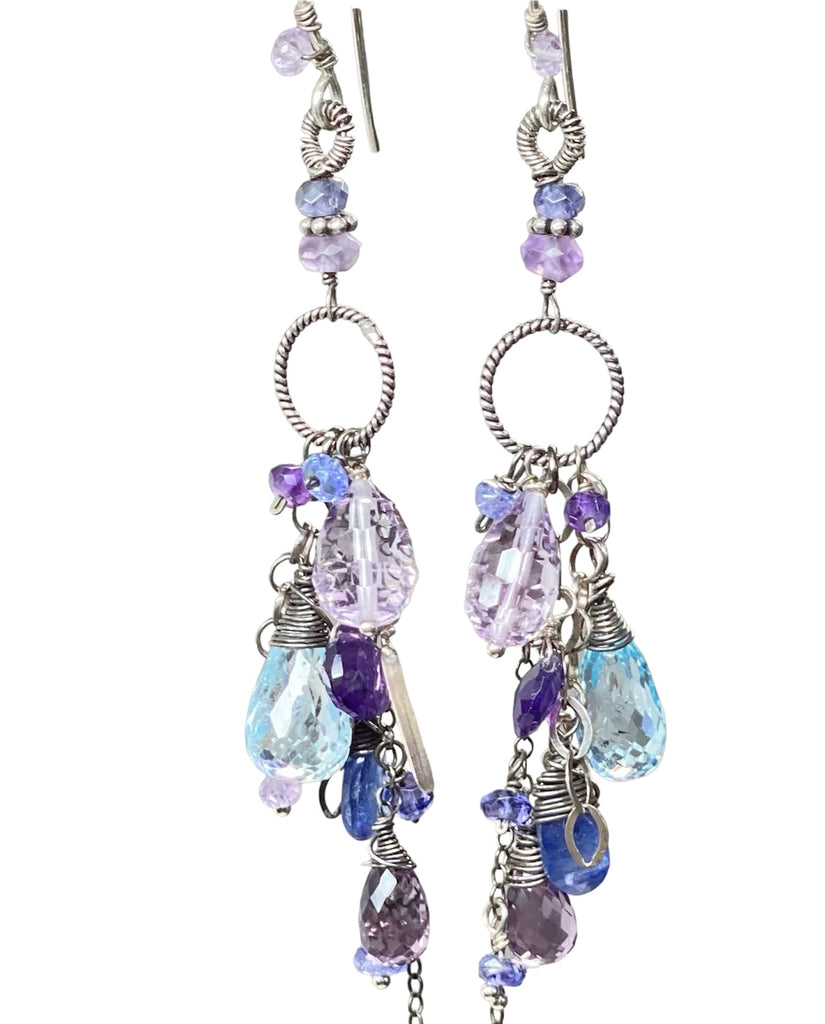 Blue Violet Boho Dangle Earrings Amethyst, Blue Topaz, Kyanite, Oxidized Sterling Silver