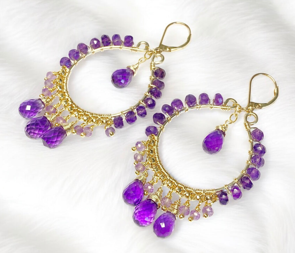 Amethyst Gold Fill Hoop Chandelier Earrings