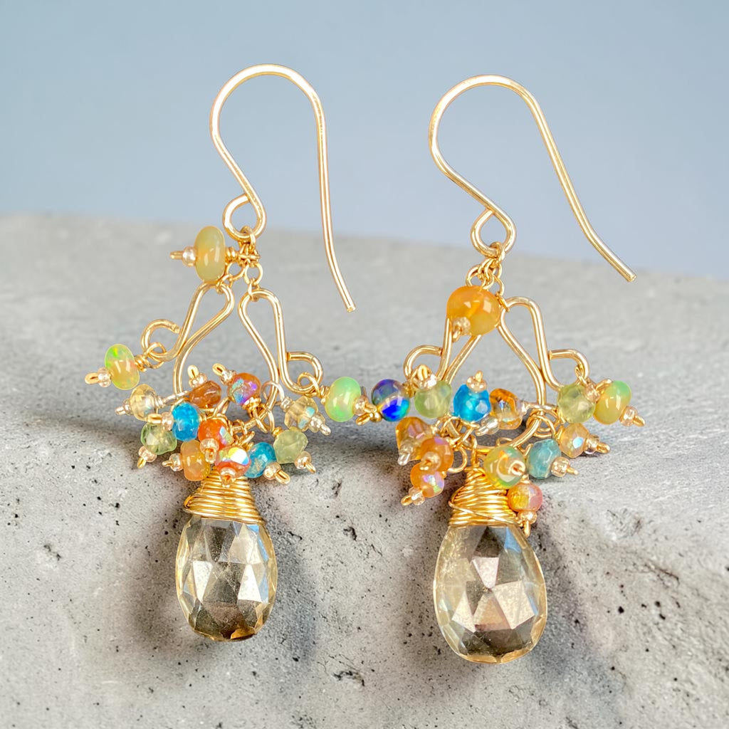 Mystic Smokey Quartz, Colorful Gemstones, Chandelier Earrings, 14k Gold Fill