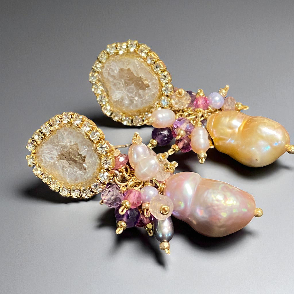 Tabasco Geode and Pink Baroque Pearl Cluster Post Earrings