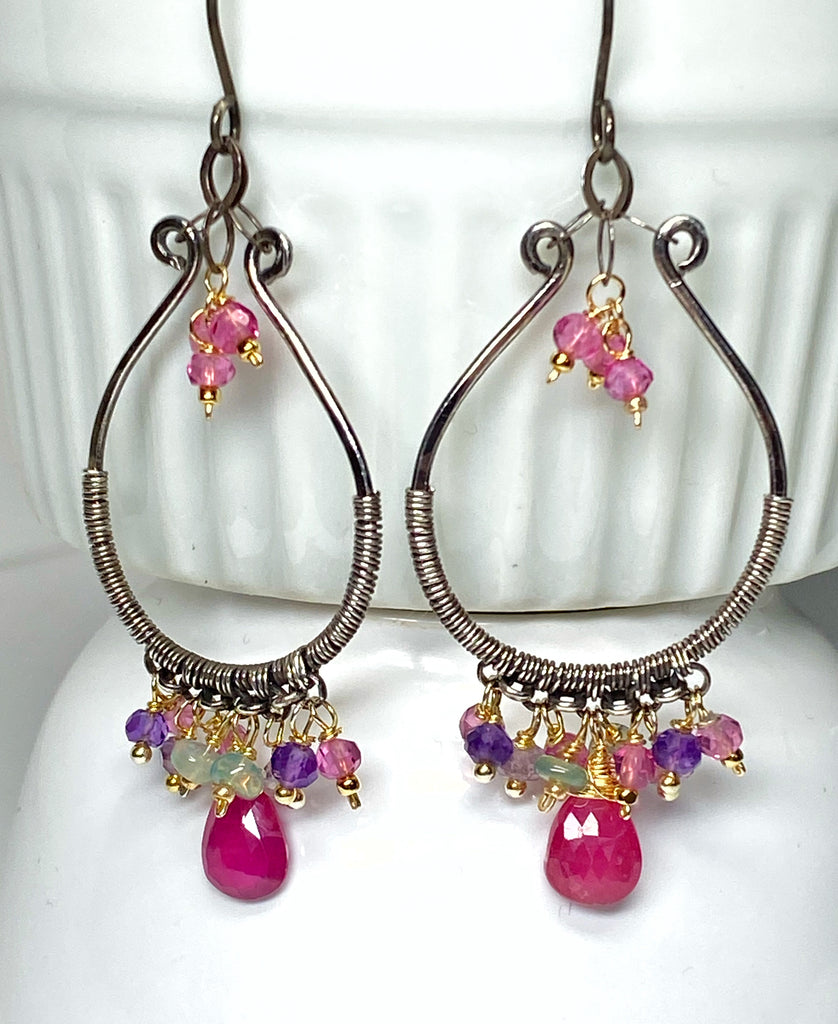 Oxidized Silver Hoop Chandelier Earrings, Pink Sapphire, Mixed Metals