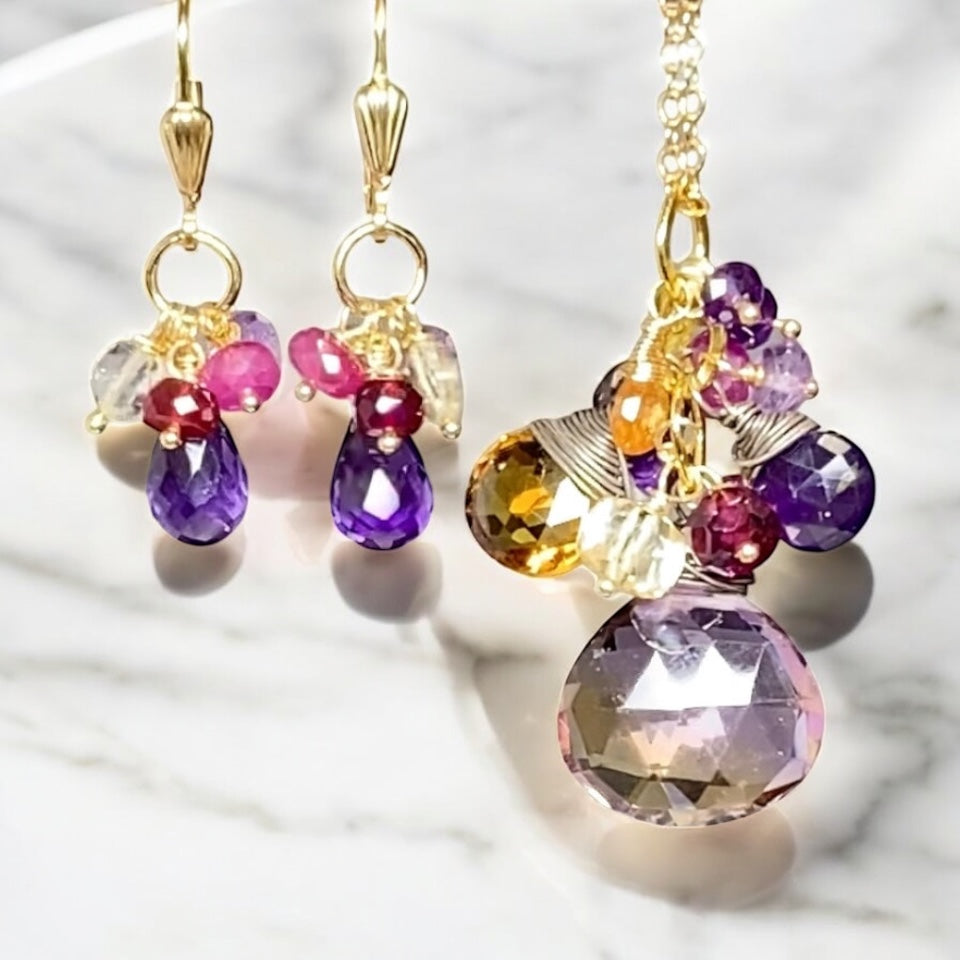 Ametrine Pendant Necklace Set and Amethyst Dangle Earrings