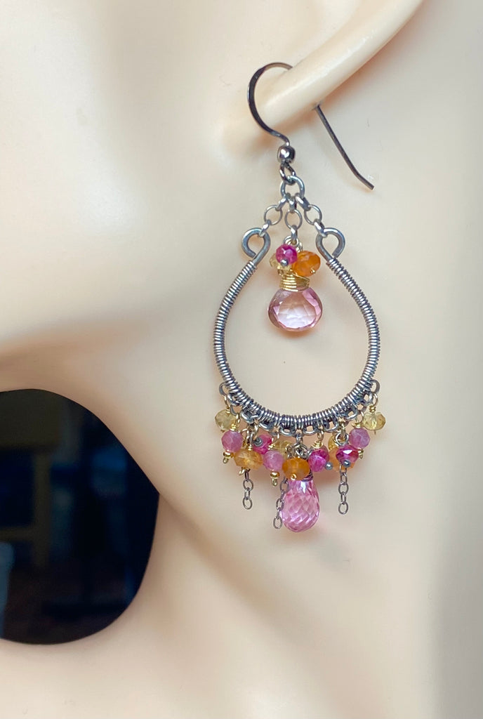 Multi-color Gemstone Hoop Chandelier Earrings Mixed Metals — Pink Tourmaline, Mystic Quartz, Carnelian, Citrine