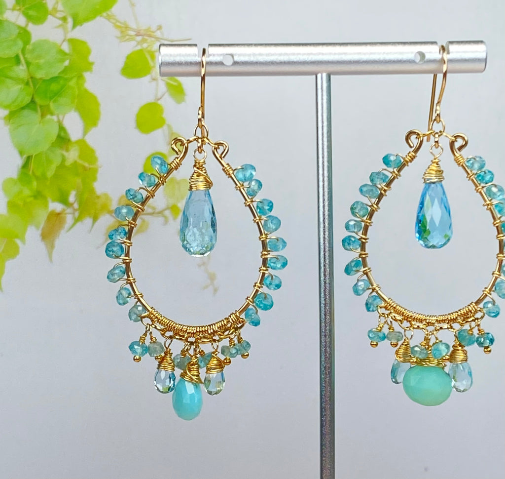 Blue Topaz Gold Fill Hoop Chandelier Earrings with Apatite, Peruvian Opal