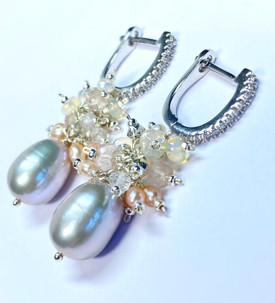 Silver Gray Pearl Earrings with Opal Clusters Sterling Silver