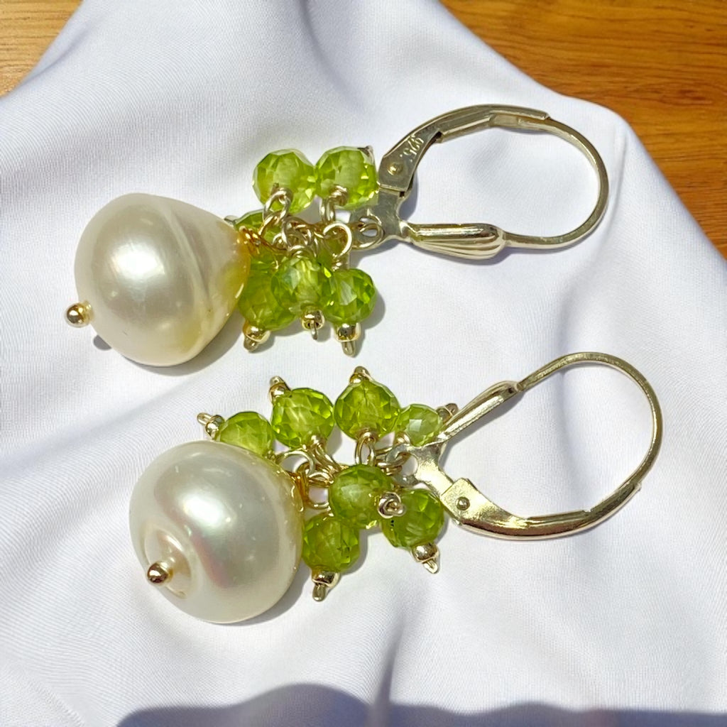 Peridot and Pearl Cluster Earrings, Sterling Silver
