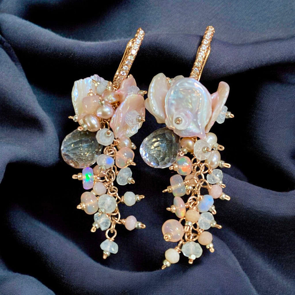 Pink Pearl and Pink Gemstone Long Dangle Earrings Rose Gold Fill - Doolittle