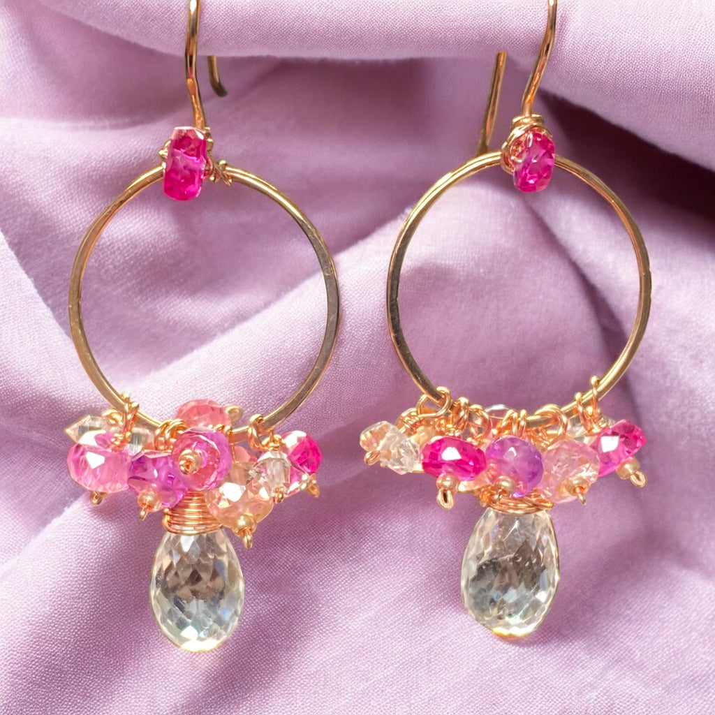 Padparadscha Sapphire Hoop Earrings Rose Gold Fill — Crystal Quartz Herkimer Diamond - Doolittle
