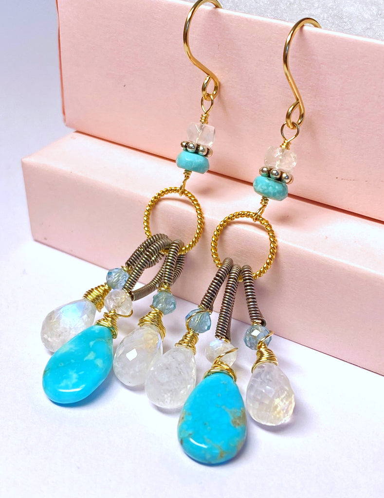 Kingman Turquoise, Rainbow Moonstone Dangle Earrings Mixed Metals, Handmade