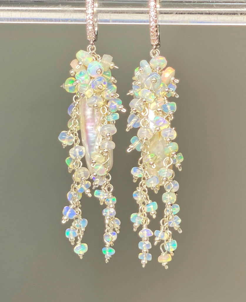 Pearl, Ethiopian Opal Statement Earrings, Bridal Earrings, Sterling Silver