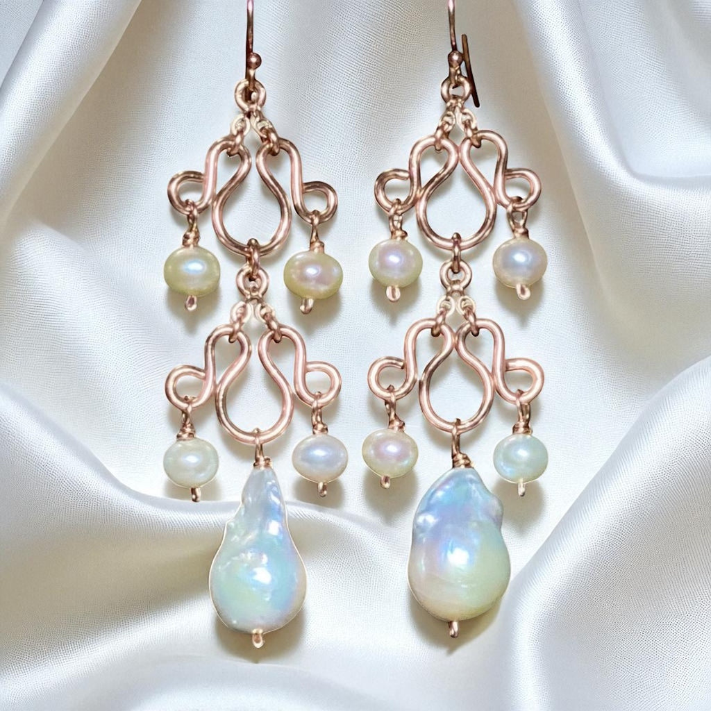 Baroque Pearl Rose Gold Chandelier Earrings