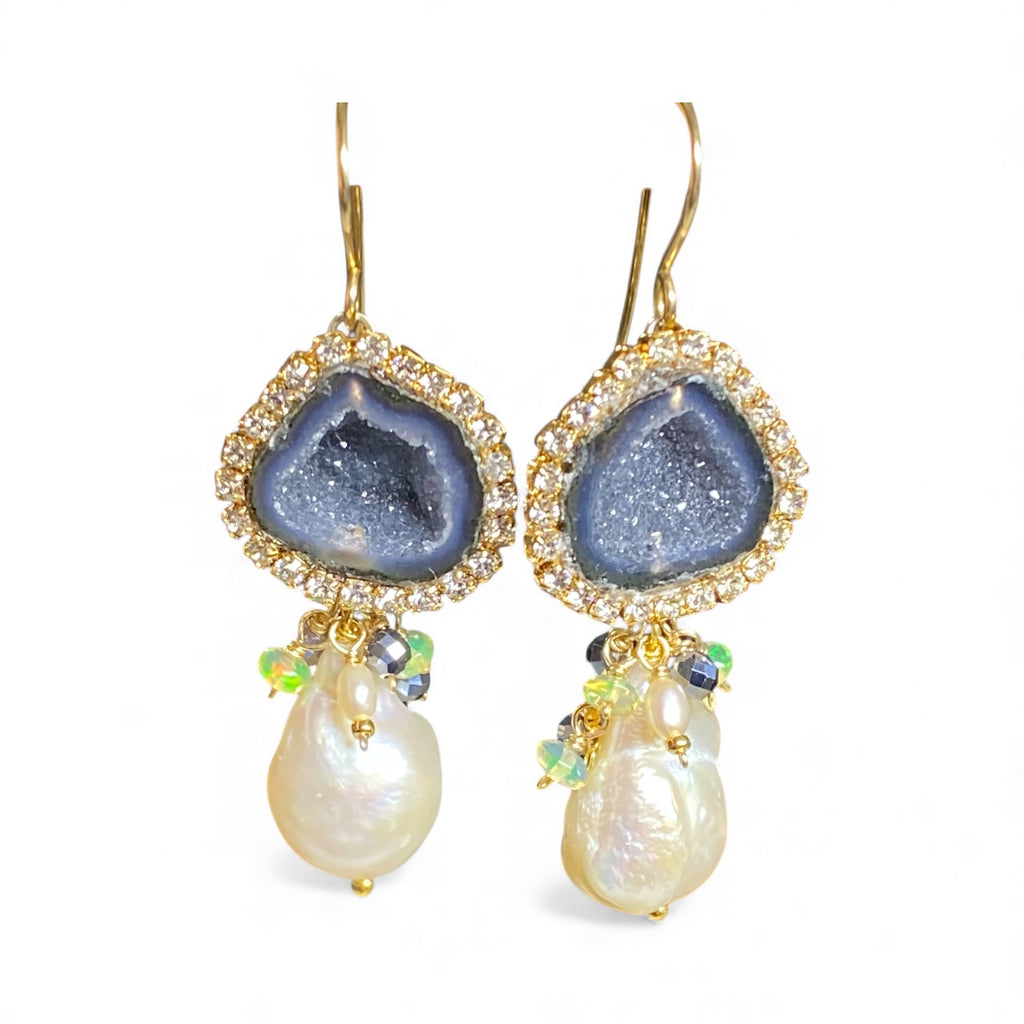Black Tabasco Geode Earrings with White Baroque Pearls and Opal Clusters
