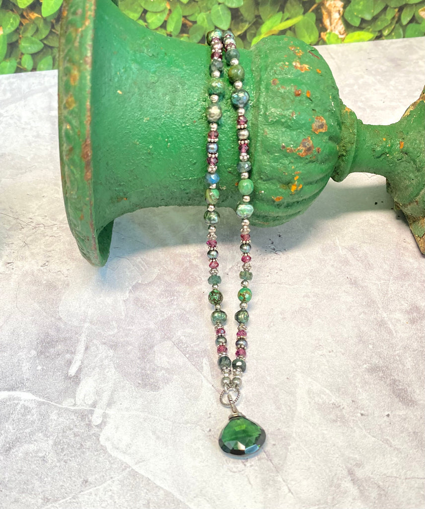 Green Quartz Pendant Necklace: Garnet, Turquoise, Pearl, Moonstone Sterling Silver