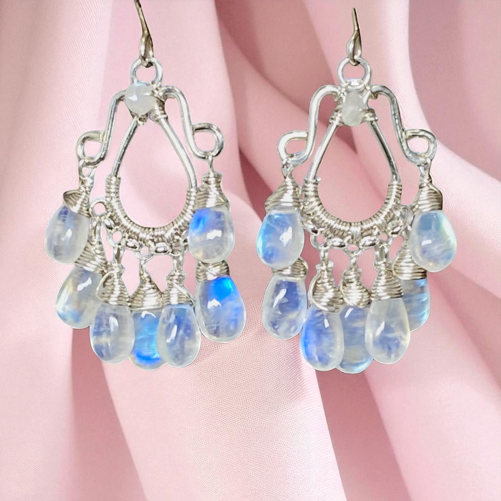 Rainbow Moonstone Sterling Silver Chandelier Statement Earrings
