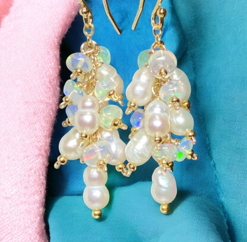 Pearl and White Ethiopian Opal Dangle Earrings Gold