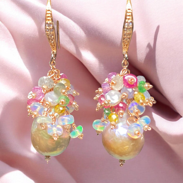 Golden Blush Baroque Metallic Edison Spring Cluster Earrings