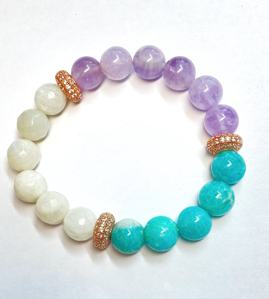 Turquoise Bracelet Stack Set of 3 Rose Gold Pave CZ Moonstone Lavender Quartz