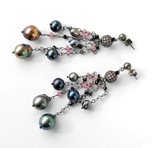 Pink Spinel Pearl Tassel Earrings