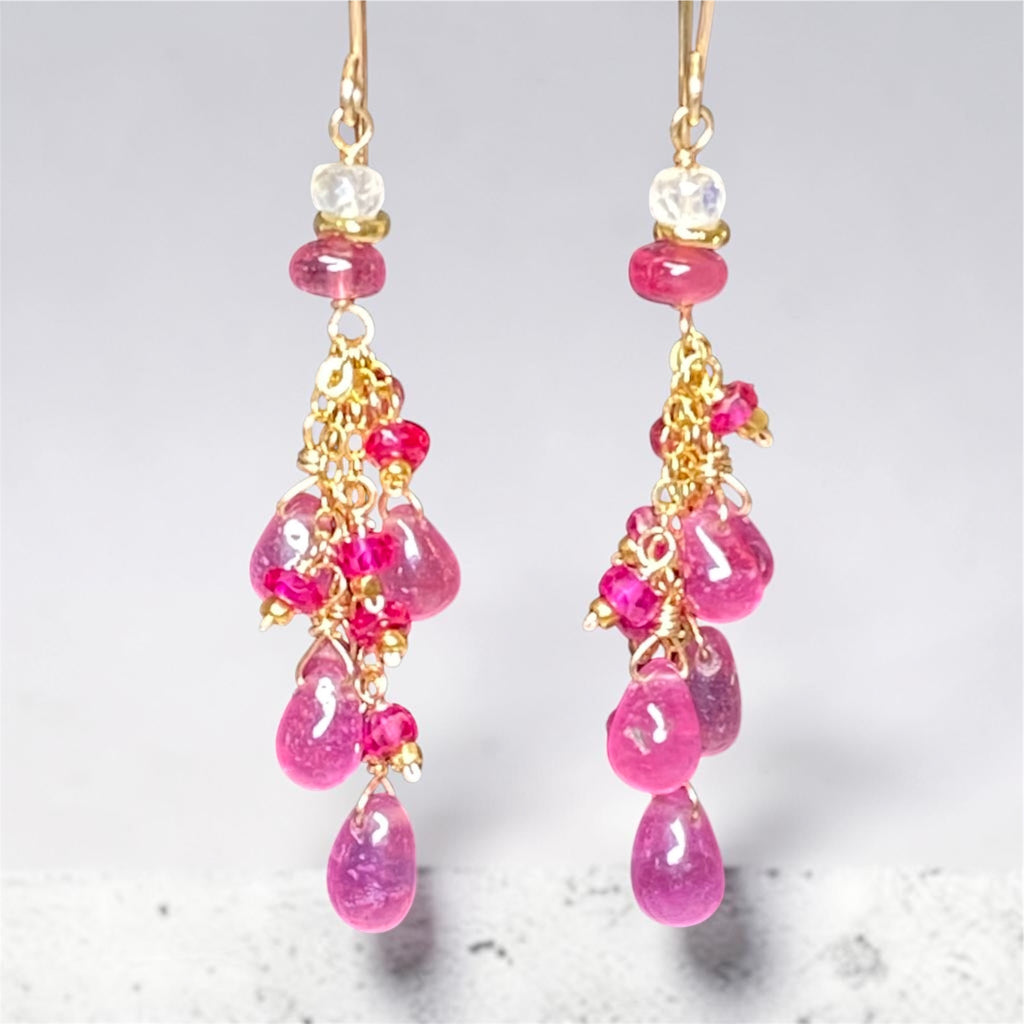 Pink Sapphire and Ruby Tassel Earrings, Gold Fill - Doolittle
